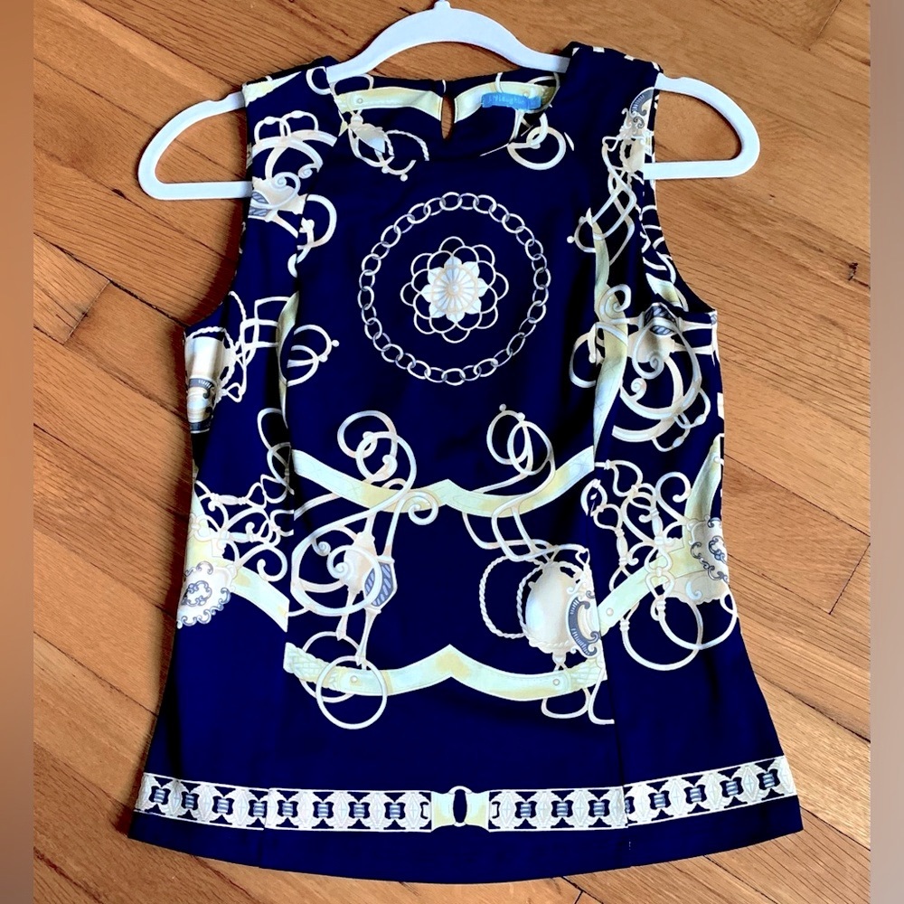 J. McLaughlin, Dark Navy and Cream Chain Print Tank Top